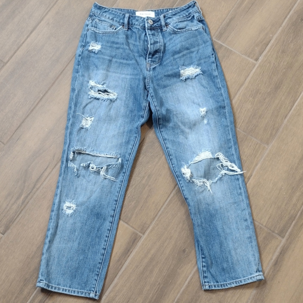 Pac Sun Mom Jeans, distressed, medium wash, cropped length, size 24.